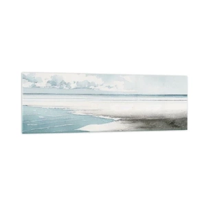 Cuadro sobre vidrio - Impresiones sobre Vidrio - Un mar tranquilo y una playa en tonos claros de azul. - 160x50cm - Suave marea otoñal - Decoración de pared moderna para salón y dormitorio ARTTOR