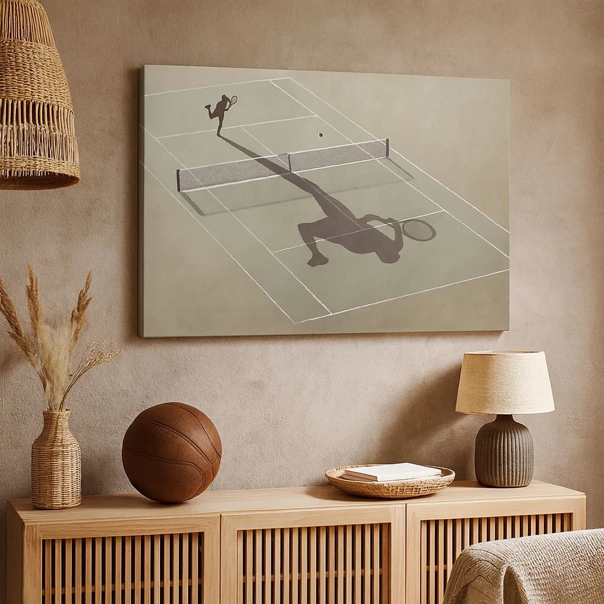 Cuadro sobre lienzo - Impresión de Imagen - La sombra de un tenista en la cancha durante un partido de tenis. - 70x50cm - Véncete a ti mismo - Decoración de pared moderna para salón y dormitorio ARTTOR