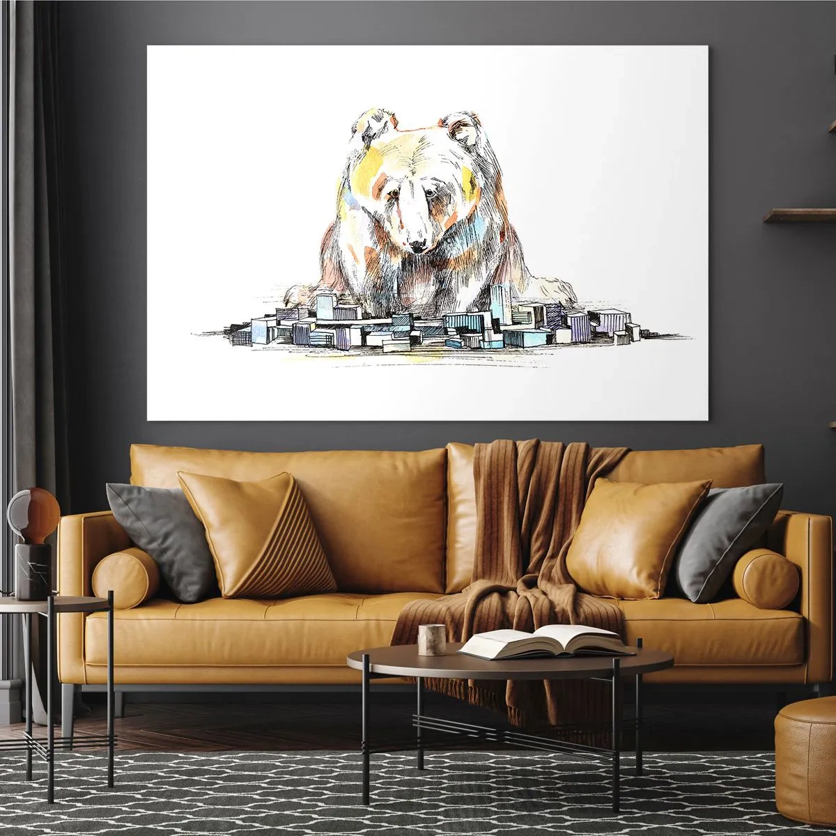 Cuadro sobre vidrio - Impresiones sobre Vidrio - Un oso mirando la ciudad en una composición artística. - 70x50cm - ¿Cómo podéis vivir así? - Decoración de pared moderna para salón y dormitorio ARTTOR
