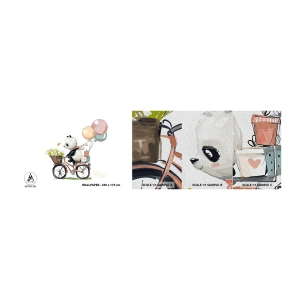 Muestra de fotomural Premium Sand - Un día feliz - Para niños, Panda en bicicleta, Abstracción - 100x30 cm