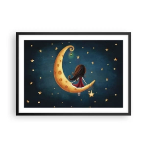 Póster en marco negro - Una niña en la luna rodeada de estrellas. - 70x50cm - Érase una vez... - Decoración de pared moderna para salón y dormitorio ARTTOR