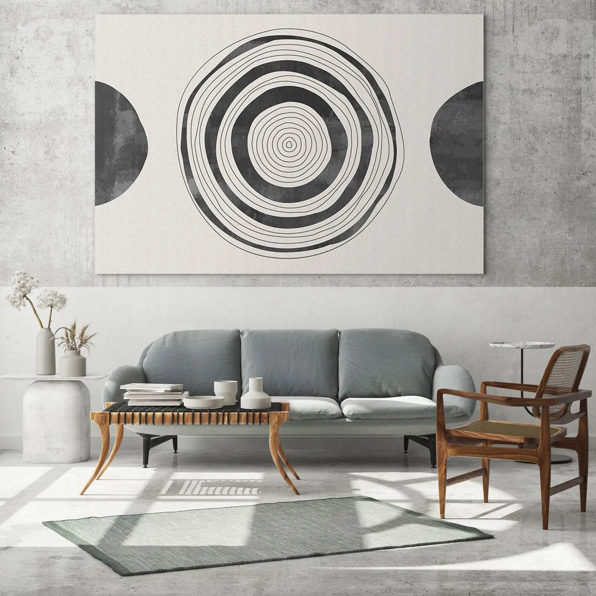 Cuadro sobre vidrio - Impresiones sobre Vidrio - Patrón abstracto en blanco y negro con círculos concéntricos. - 70x50cm - Lo importante es lo que hay entre medias - Decoración de pared moderna para salón y dormitorio ARTTOR