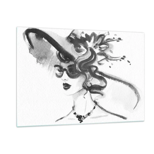 Cuadro sobre vidrio - Impresiones sobre Vidrio - Retrato en blanco y negro de una mujer con sombrero. - 120x80cm - Una dama con carácter - Decoración de pared moderna para salón y dormitorio ARTTOR