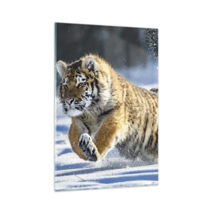 Cuadro sobre vidrio - Impresiones sobre Vidrio - Un tigre siberiano corriendo en un paisaje nevado. - 80x120cm - Dios de la taiga siberiana - Decoración de pared moderna para salón y dormitorio ARTTOR