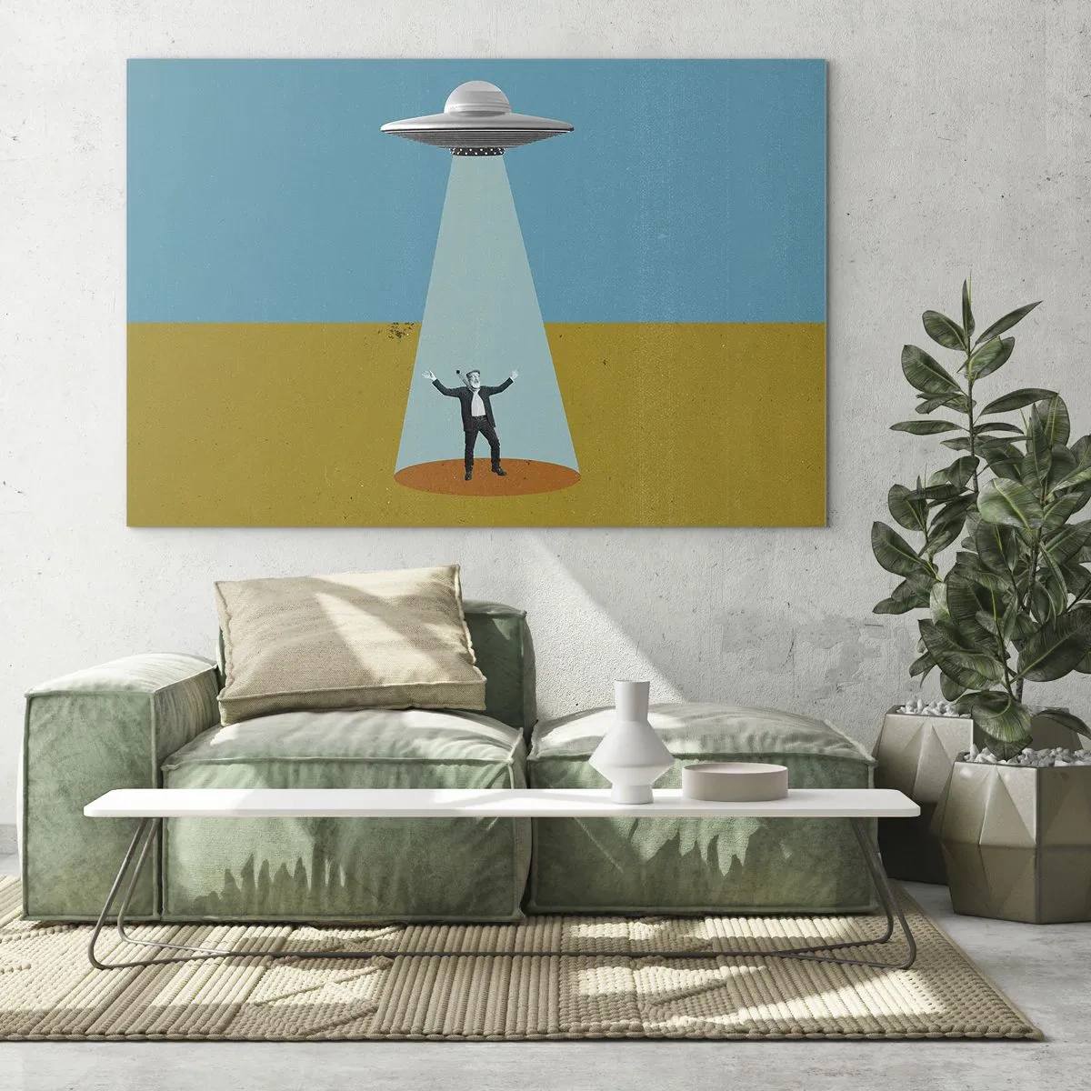 Cuadro sobre vidrio - Impresiones sobre Vidrio - Un hombre a la luz de un platillo espacial sobre un fondo colorido. - 120x80cm - Un encuentro cercano - Decoración de pared moderna para salón y dormitorio ARTTOR