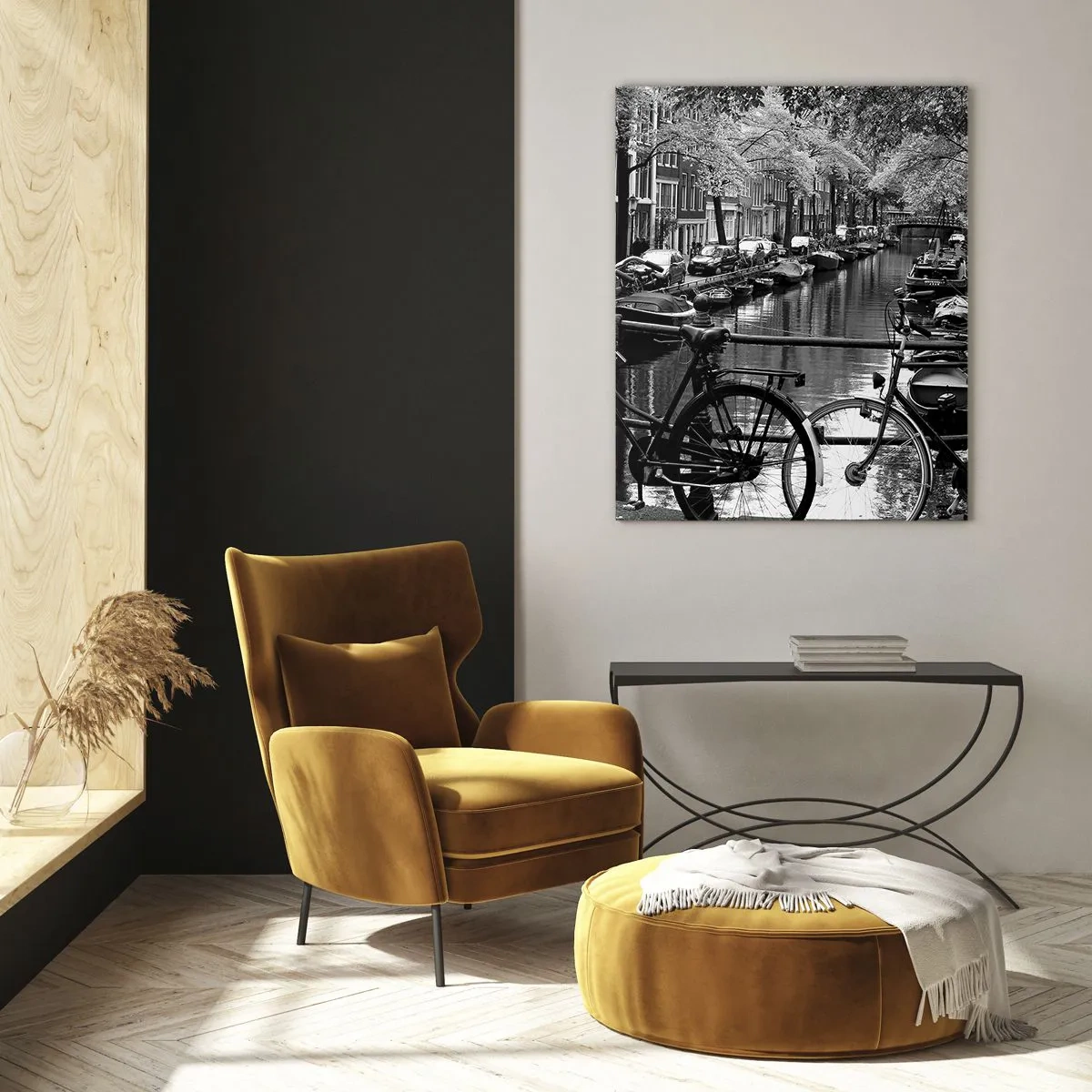 Cuadro sobre vidrio - Impresiones sobre Vidrio - Canal con bicicletas en fotografía en blanco y negro - 80x120cm - Una visión muy holandesa - Decoración de pared moderna para salón y dormitorio ARTTOR
