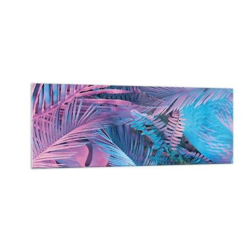 Cuadro sobre vidrio - Impresiones sobre Vidrio - Hojas tropicales en tonos rosa y azul. - 140x50cm - Trópicos en rosa y azul - Decoración de pared moderna para salón y dormitorio ARTTOR