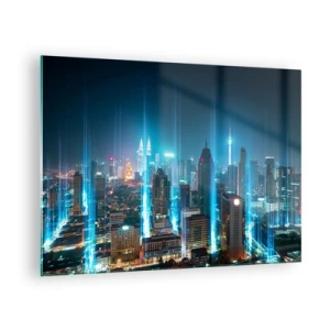 Cuadro sobre vidrio - Impresiones sobre Vidrio - Una ciudad nocturna con edificios altos y rayos de luz. - 70x50cm - De Berlín al cielo - Decoración de pared moderna para salón y dormitorio ARTTOR