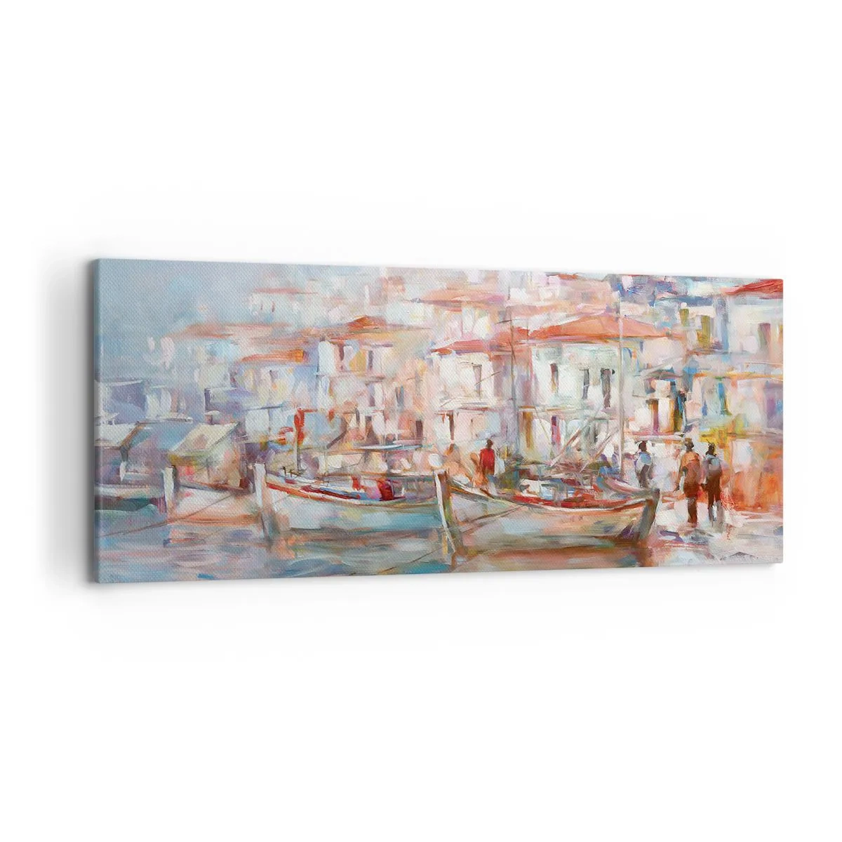 Cuadro sobre lienzo - Impresión de Imagen - Impresión portuaria con barcos y edificios - 120x50cm - Vacaciones en colores pastel - Decoración de pared moderna para salón y dormitorio ARTTOR