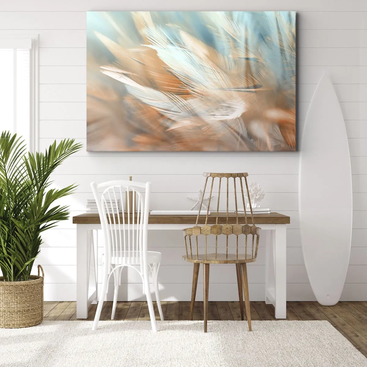 Cuadro sobre lienzo - Impresión de Imagen - Delicadas plumas en tonos pastel de azul y naranja. - 70x50cm - En la tierra de la suavidad - Decoración de pared moderna para salón y dormitorio ARTTOR