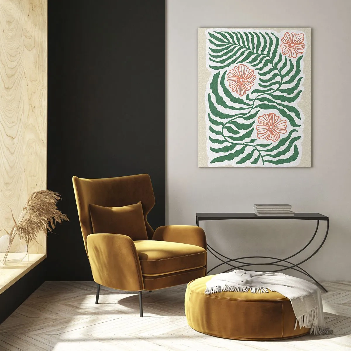 Cuadro sobre vidrio - Impresiones sobre Vidrio - Hojas verdes y flores rojas en un arreglo gráfico. - 50x70cm - Florecido en verde - Decoración de pared moderna para salón y dormitorio ARTTOR