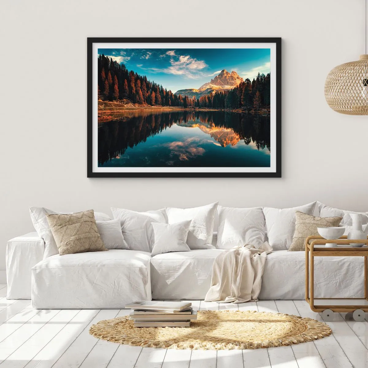Póster en marco negro - Paisaje de montaña con lago y bosque. - 70x50cm - Paisaje duplicado - Decoración de pared moderna para salón y dormitorio ARTTOR