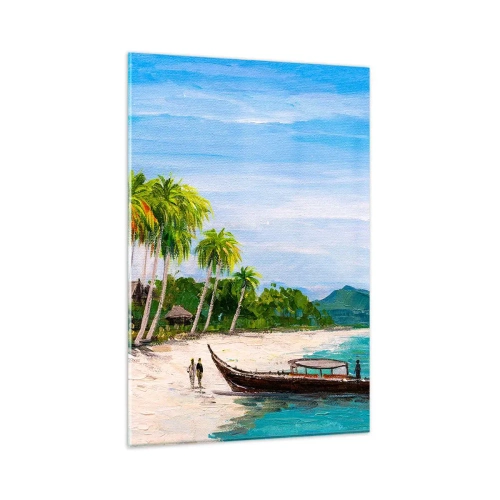 Cuadro sobre vidrio - Impresiones sobre Vidrio - Una playa exótica con palmeras y un barco en la orilla. - 80x120cm - Un sueño exótico - Decoración de pared moderna para salón y dormitorio ARTTOR