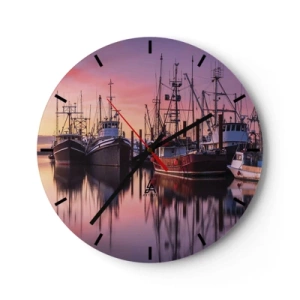Reloj de pared - Reloj de vidrio - Barcos de pesca amarrados en el puerto al atardecer - 30x30cm - Descanso antes de partir - Decoración de pared moderna para salón, cocina y dormitorio ARTTOR