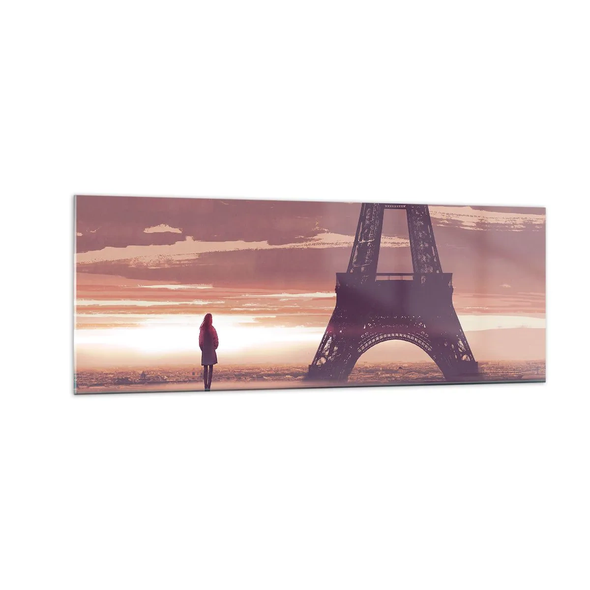 Cuadro sobre vidrio - Impresiones sobre Vidrio - Una figura mirando la Torre Eiffel a la luz del sol poniente. - 140x50cm - Sólo ellas dos - Decoración de pared moderna para salón y dormitorio ARTTOR