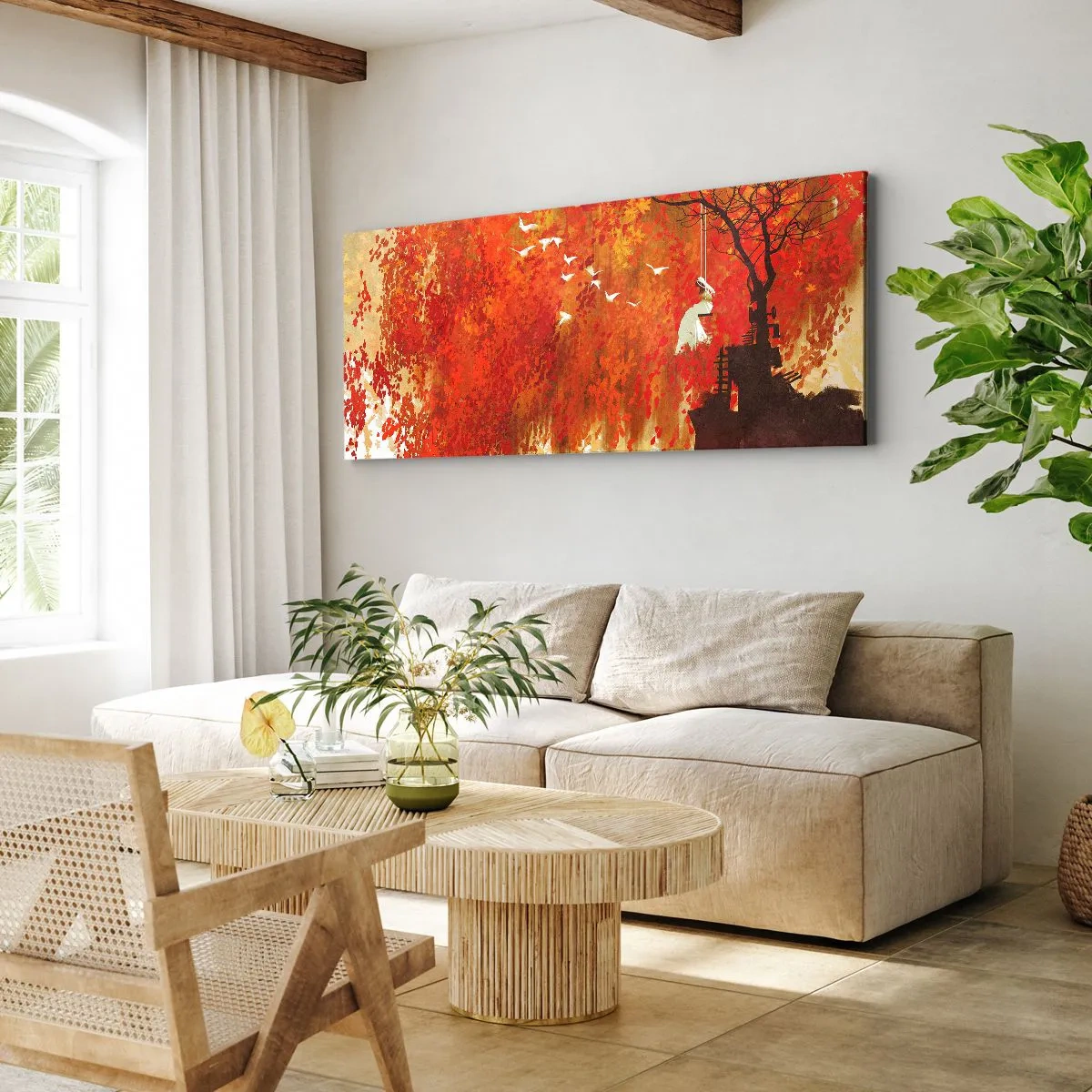 Cuadro sobre lienzo - Impresión de Imagen - Una figura en un columpio junto a un árbol rodeado de hojas rojas. - 140x50cm - ¿Volará con ellos? - Decoración de pared moderna para salón y dormitorio ARTTOR