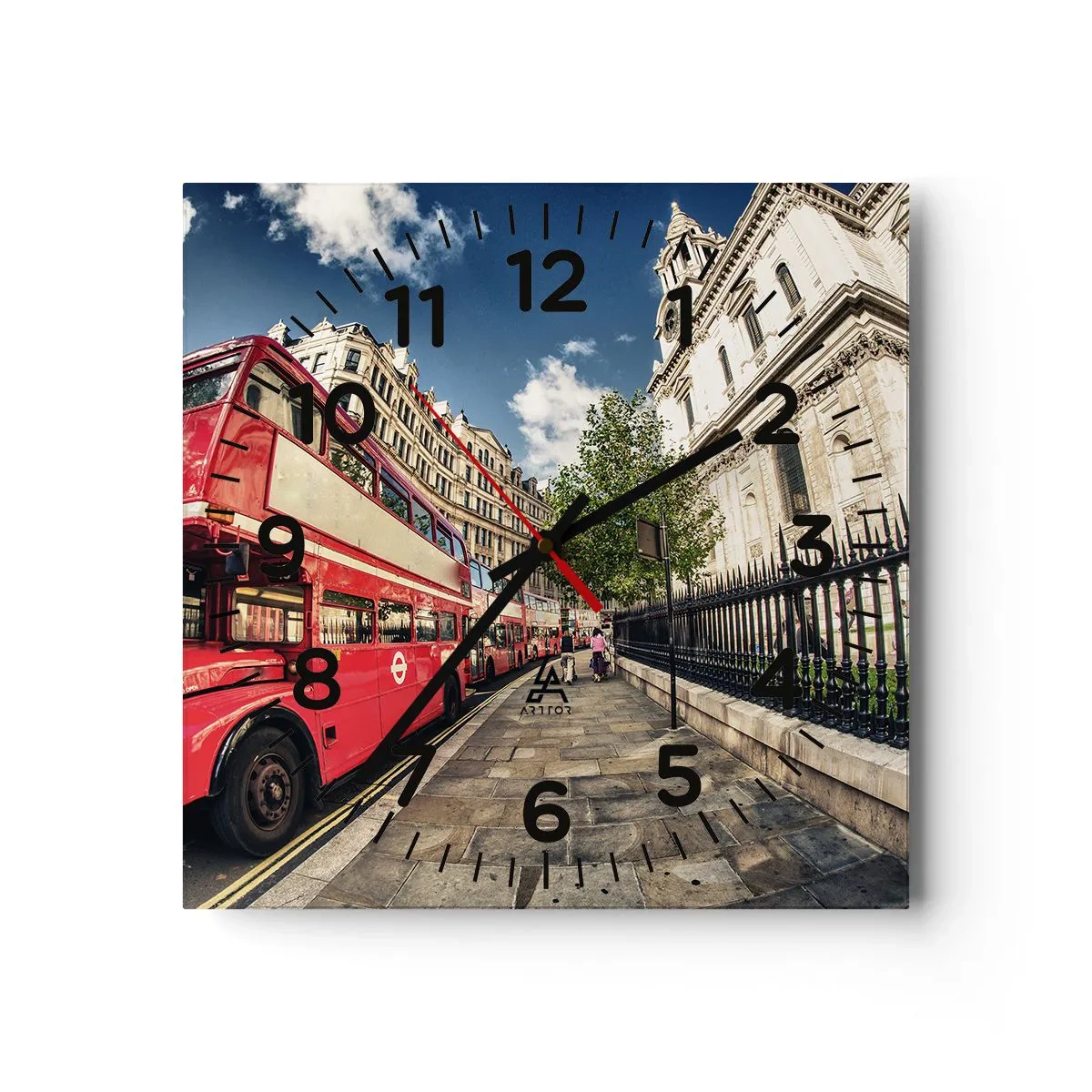 Reloj de pared - Reloj de vidrio - Una calle de Londres en gris y rojo - 40x40 cm
