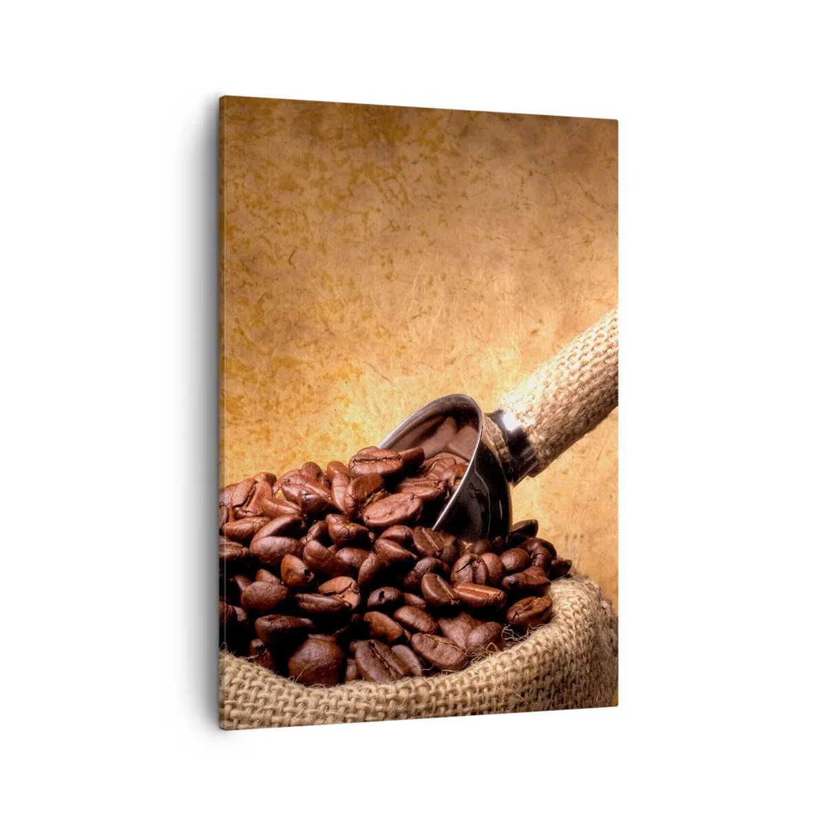 Cuadro sobre lienzo - Impresión de Imagen - Granos de café en una bolsa de yute con una cuchara de metal. - 50x70cm - En la fuente del sabor - Decoración de pared moderna para salón y dormitorio ARTTOR