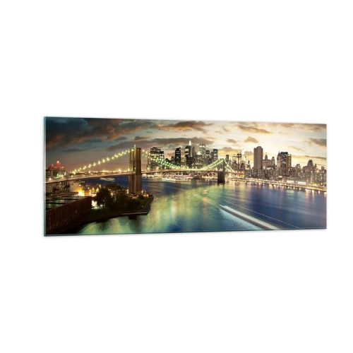 Cuadro sobre vidrio - Impresiones sobre Vidrio - Un puente iluminado con la ciudad al fondo, con luces reflejadas en el agua. - 140x50cm - Un atardecer iluminado sobre Manhattan - Decoración de pared moderna para salón y dormitorio ARTTOR