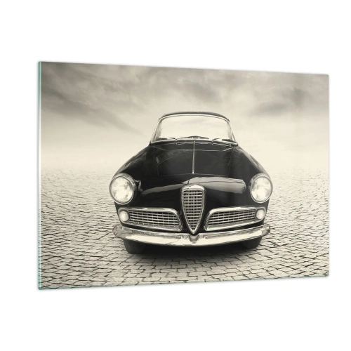 Cuadro sobre vidrio - Impresiones sobre Vidrio - Coche clásico en carretera adoquinada en blanco y negro - 120x80cm - ¿Y cómo no quererme? - Decoración de pared moderna para salón y dormitorio ARTTOR