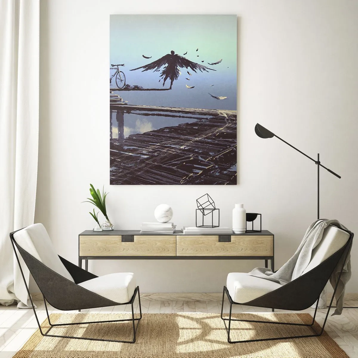 Cuadro sobre vidrio - Impresiones sobre Vidrio - Una figura con una bicicleta en un puente de madera sobre las nubes. - 50x70cm - Ícaro eternamente vivo - Decoración de pared moderna para salón y dormitorio ARTTOR