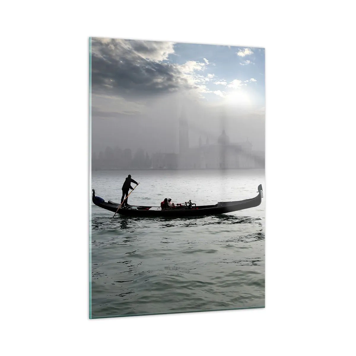 Cuadro sobre vidrio - Impresiones sobre Vidrio - Góndola sobre las aguas de Venecia en una mañana de niebla - 50x70cm - Una fabulosa ciudad de agua y niebla - Decoración de pared moderna para salón y dormitorio ARTTOR