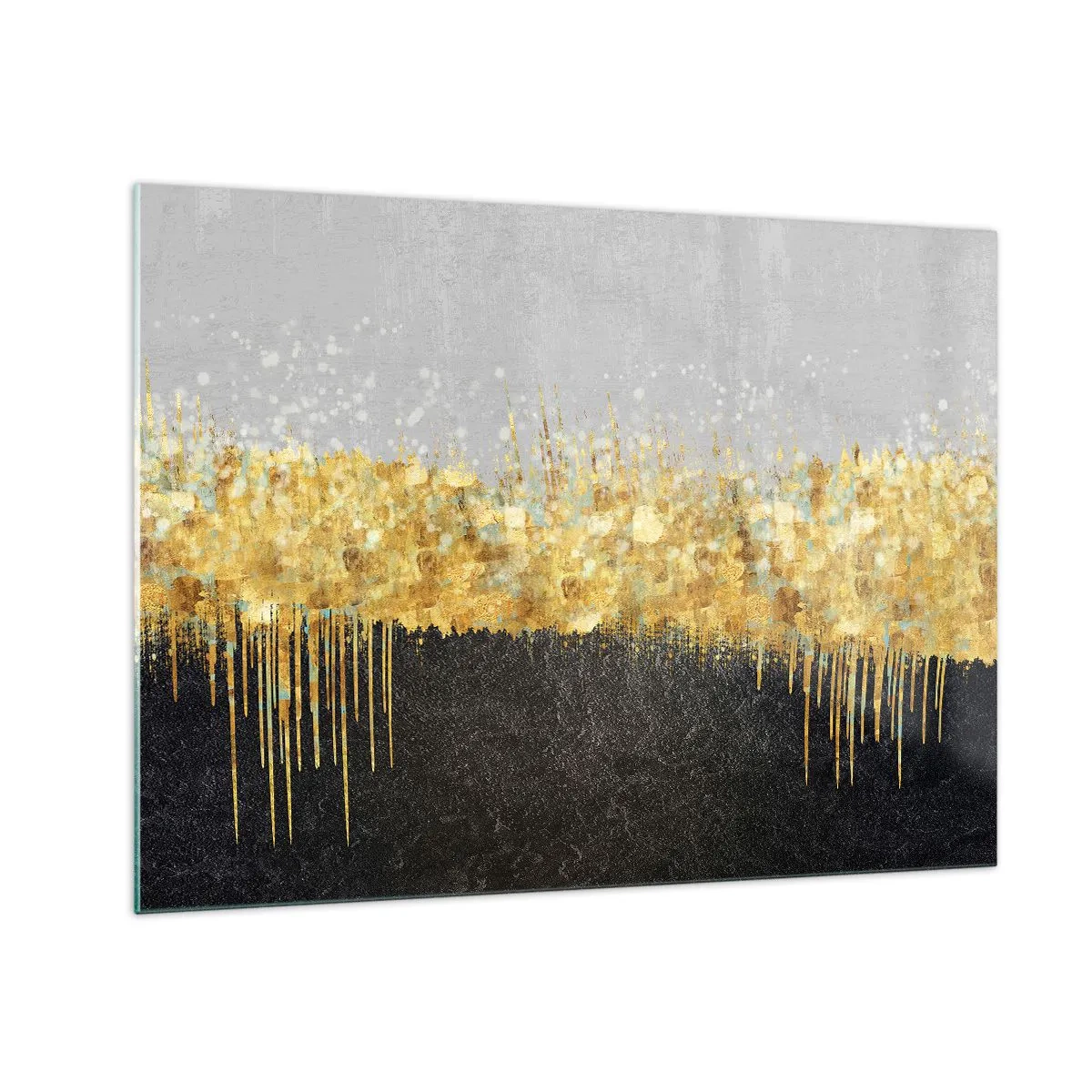Cuadro sobre vidrio - Impresiones sobre Vidrio - Abstracción dorada con contraste negro y gris. - 70x50cm - Hacia arriba y hacia abajo - Decoración de pared moderna para salón y dormitorio ARTTOR