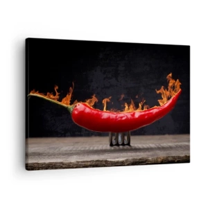 Cuadro sobre lienzo - Impresión de Imagen - Pimiento rojo flameado en un tenedor - 70x50cm - Un aperitivo ardiente - Decoración de pared moderna para salón y dormitorio ARTTOR