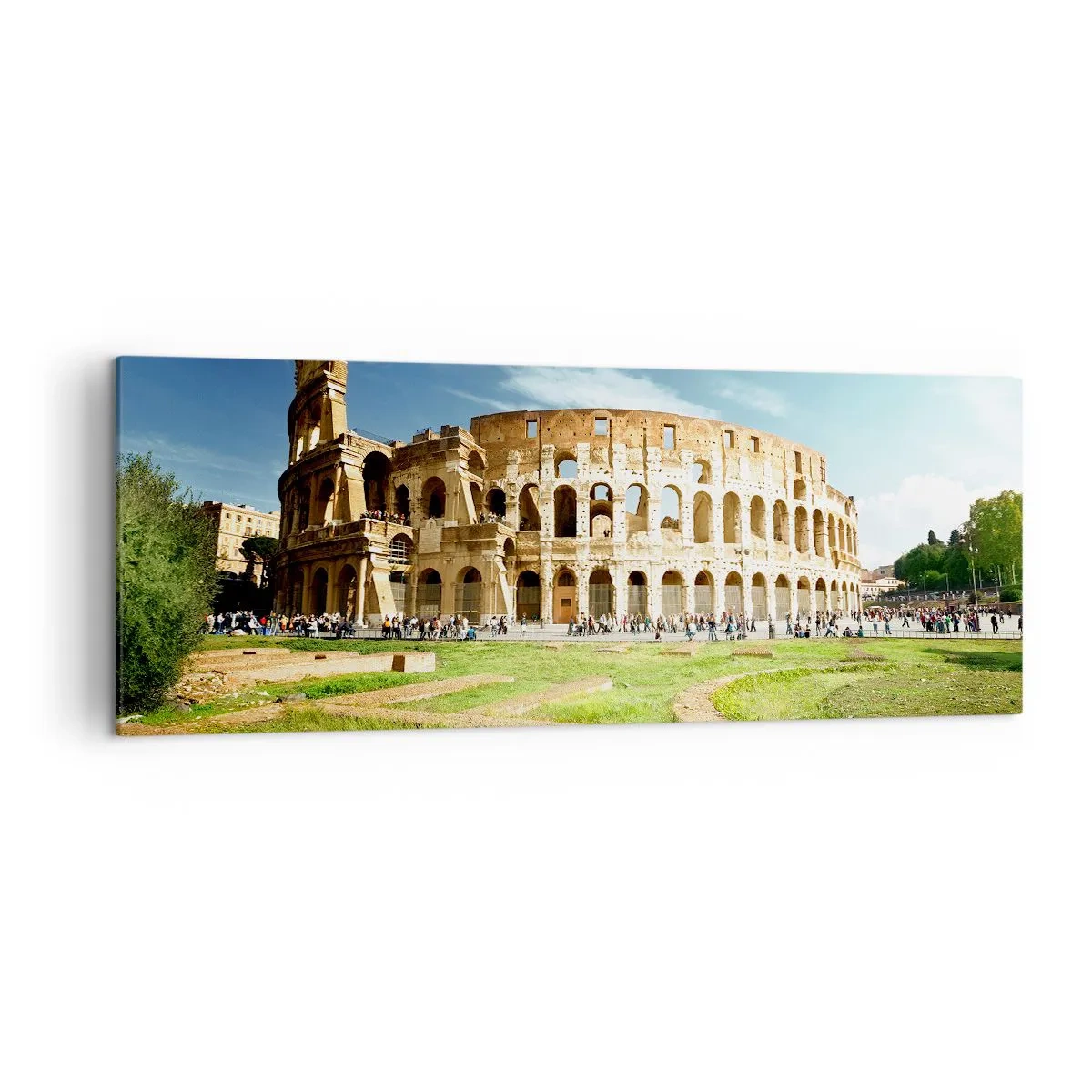 Cuadro sobre lienzo - Impresión de Imagen - El Coliseo de Roma rodeado de vegetación y cielo azul. - 140x50cm - Todavía se oye el sonido de las armas - Decoración de pared moderna para salón y dormitorio ARTTOR