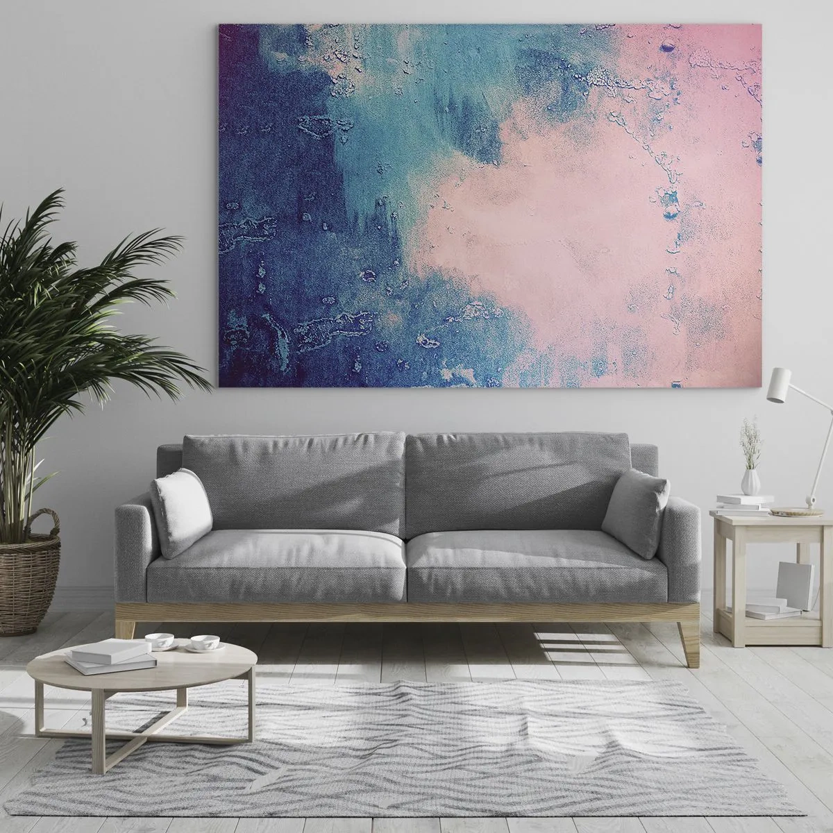 Cuadro sobre vidrio - Impresiones sobre Vidrio - Una combinación abstracta de azul y rosa empolvado con textura. - 120x80cm - Abrazo azul - Decoración de pared moderna para salón y dormitorio ARTTOR