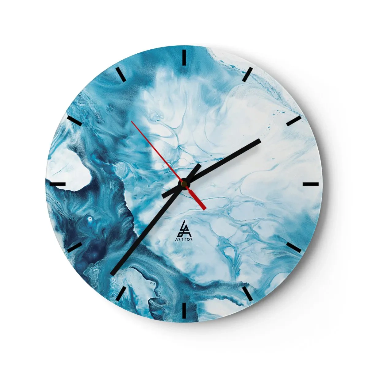 Reloj de pared - Reloj de vidrio - Ondas azules abstractas en tonos blanco y turquesa - 30x30cm - Un concierto azul - Decoración de pared moderna para salón, cocina y dormitorio ARTTOR