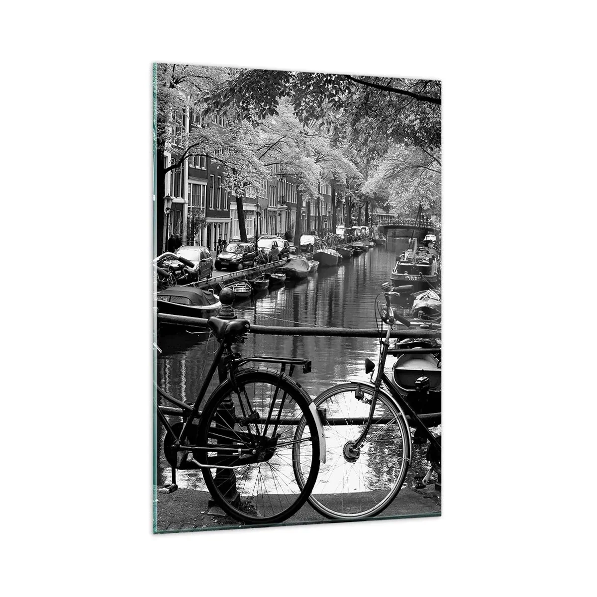 Cuadro sobre vidrio - Impresiones sobre Vidrio - Canal con bicicletas en fotografía en blanco y negro - 80x120cm - Una visión muy holandesa - Decoración de pared moderna para salón y dormitorio ARTTOR