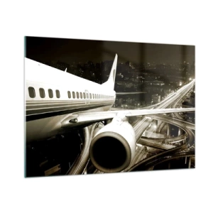 Cuadro sobre vidrio - Impresiones sobre Vidrio - Un avión sobre la ciudad por la noche con un ambiente industrial. - 100x70cm - Vuela hacia la noche - Decoración de pared moderna para salón y dormitorio ARTTOR