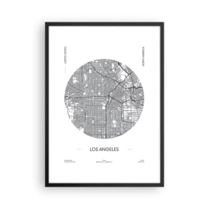 Póster en marco negro - Un mapa minimalista de Los Ángeles en blanco y negro. - 50x70cm - Anatomía de Los Ángeles - Decoración de pared moderna para salón y dormitorio ARTTOR