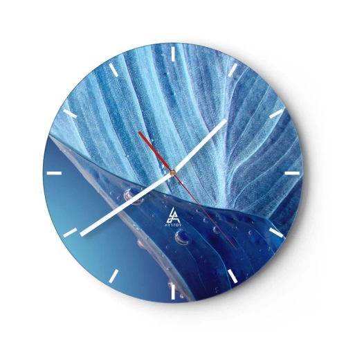 Reloj de pared - Reloj de vidrio - Primer plano de una hoja con gotas de agua en tonos azules. - 30x30cm - Gotas ocultas de azul - Decoración de pared moderna para salón, cocina y dormitorio ARTTOR