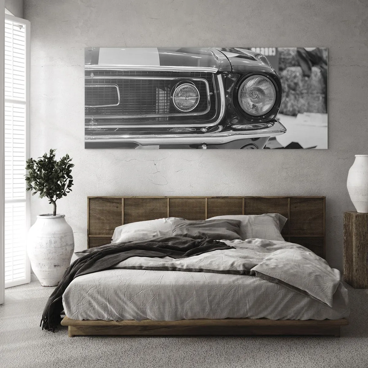 Cuadro sobre vidrio - Impresiones sobre Vidrio - Capó de coche clásico en blanco y negro - 140x50cm - Paseo rudo - Decoración de pared moderna para salón y dormitorio ARTTOR