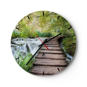 Reloj de pared - Reloj de vidrio - Un puente de madera sobre una cascada rodeado de vegetación. - 30x30cm - No es agua silenciosa en absoluto - Decoración de pared moderna para salón, cocina y dormitorio ARTTOR