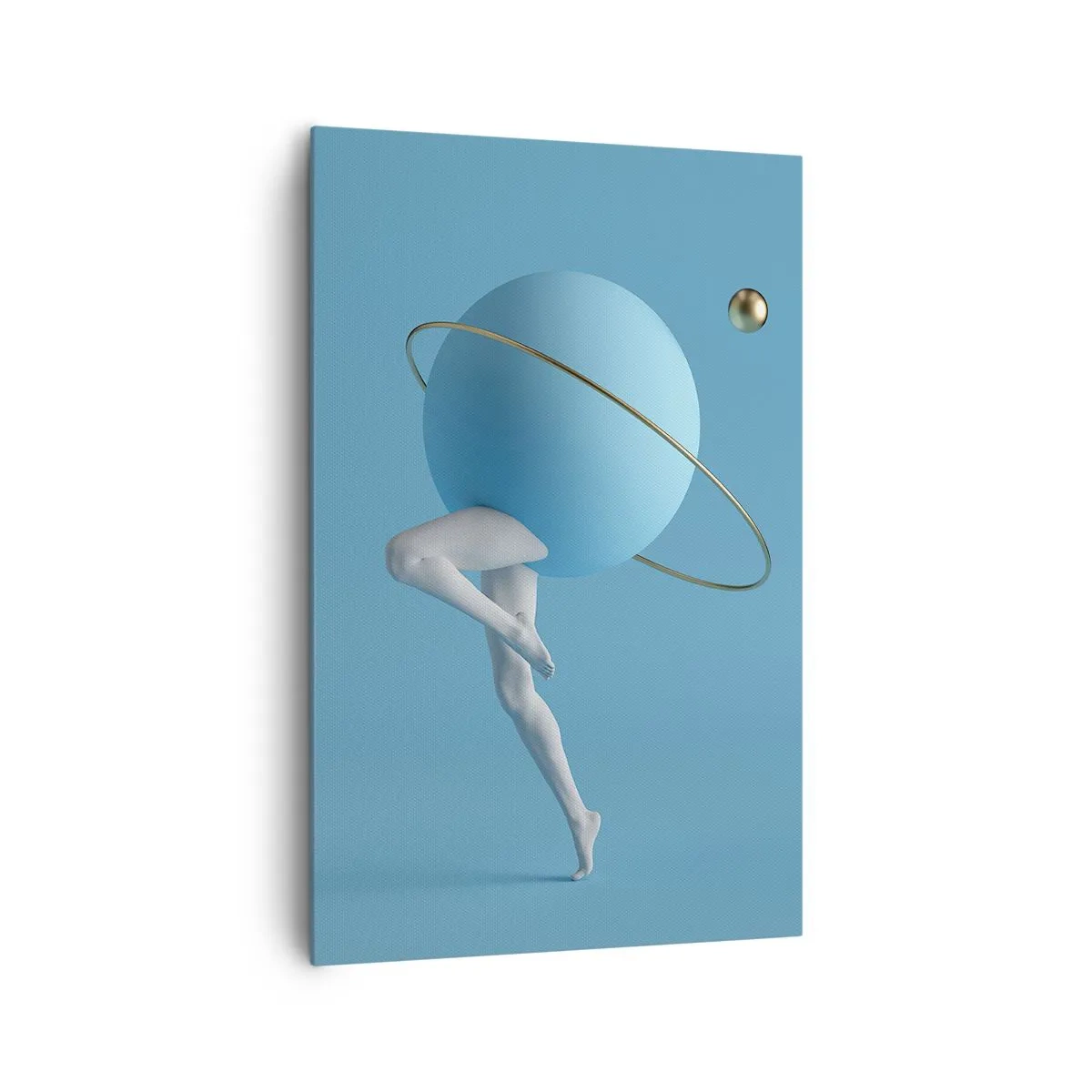 Cuadro sobre lienzo - Impresión de Imagen - Una esfera azul con una órbita y piernas humanas contra el cielo. - 80x120cm - Y los planetas se vuelven locos - Decoración de pared moderna para salón y dormitorio ARTTOR