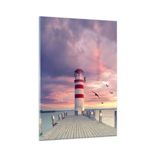 Cuadro sobre vidrio - Impresiones sobre Vidrio - Faro en el muelle al atardecer con pájaros volando - 50x70cm - Hora de ir al puerto - Decoración de pared moderna para salón y dormitorio ARTTOR