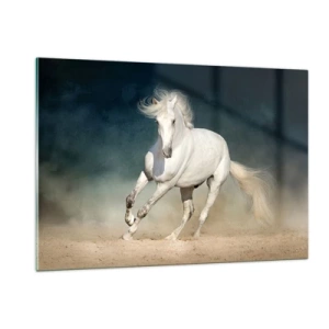 Cuadro sobre vidrio - Impresiones sobre Vidrio - Un caballo blanco galopando por la arena contra un cielo oscuro. - 120x80cm - Libertad en estado puro - Decoración de pared moderna para salón y dormitorio ARTTOR