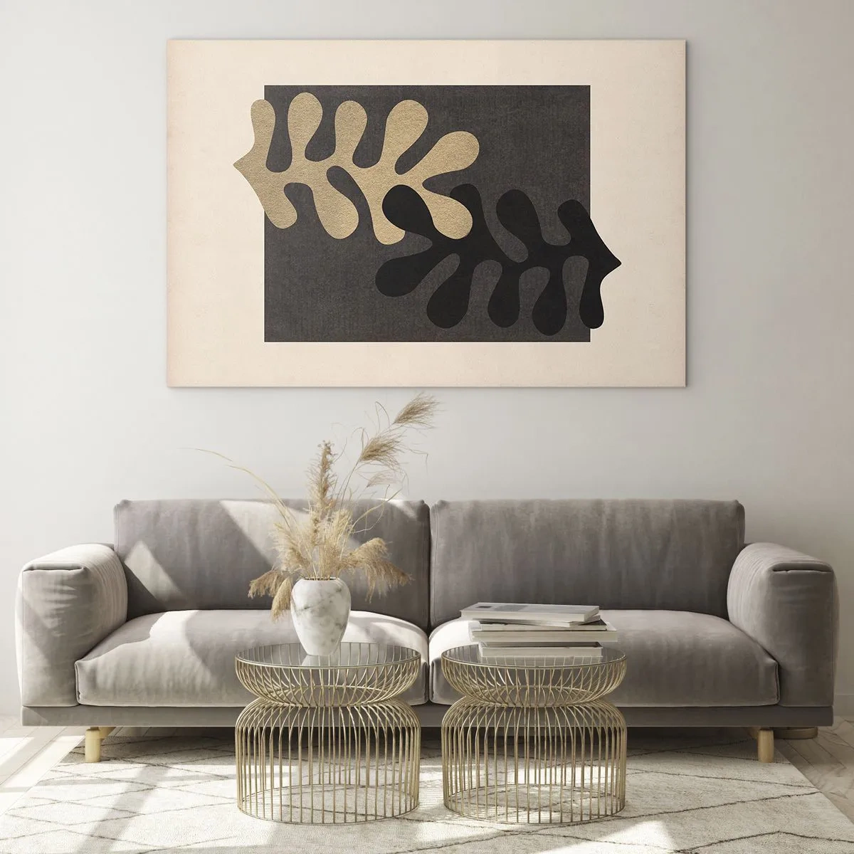 Cuadro sobre vidrio - Impresiones sobre Vidrio - Formas abstractas en negro y beige sobre un fondo geométrico. - 70x50cm - Ausencia y complemento - Decoración de pared moderna para salón y dormitorio ARTTOR
