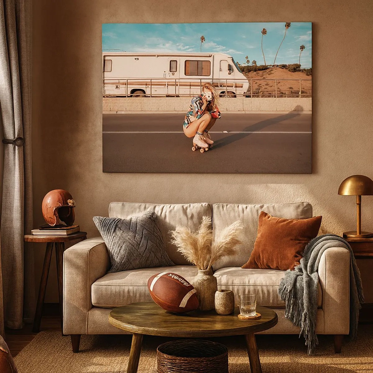 Cuadro sobre lienzo - Impresión de Imagen - Una chica en patines tomando una foto en un día soleado. - 70x50cm - ¡Sonrían, por favor! - Decoración de pared moderna para salón y dormitorio ARTTOR