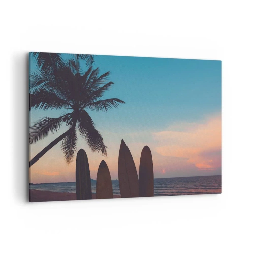 Cuadro sobre lienzo - Impresión de Imagen - Tablas de surf con una palmera y una puesta de sol como telón de fondo - 100x70cm - Mañana también disfrutaremos - Decoración de pared moderna para salón y dormitorio ARTTOR