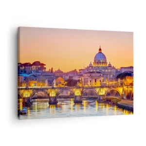 Cuadro sobre lienzo - Impresión de Imagen - Panorama del Vaticano al atardecer con un puente sobre el río - 70x50cm - Crepúsculo sobre la Ciudad Eterna - Decoración de pared moderna para salón y dormitorio ARTTOR