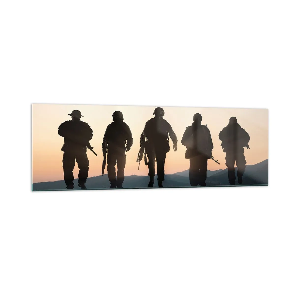 Cuadro sobre vidrio - Impresiones sobre Vidrio - Siluetas de soldados y aviones de combate contra el fondo del atardecer. - 160x50cm - Bienvenido a nuestro mundo - Decoración de pared moderna para salón y dormitorio ARTTOR