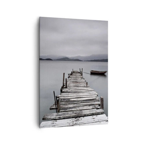 Cuadro sobre lienzo - Impresión de Imagen - Un puente de madera que conduce a la tranquila superficie del lago. - 70x100cm - Mañana partimos - Decoración de pared moderna para salón y dormitorio ARTTOR