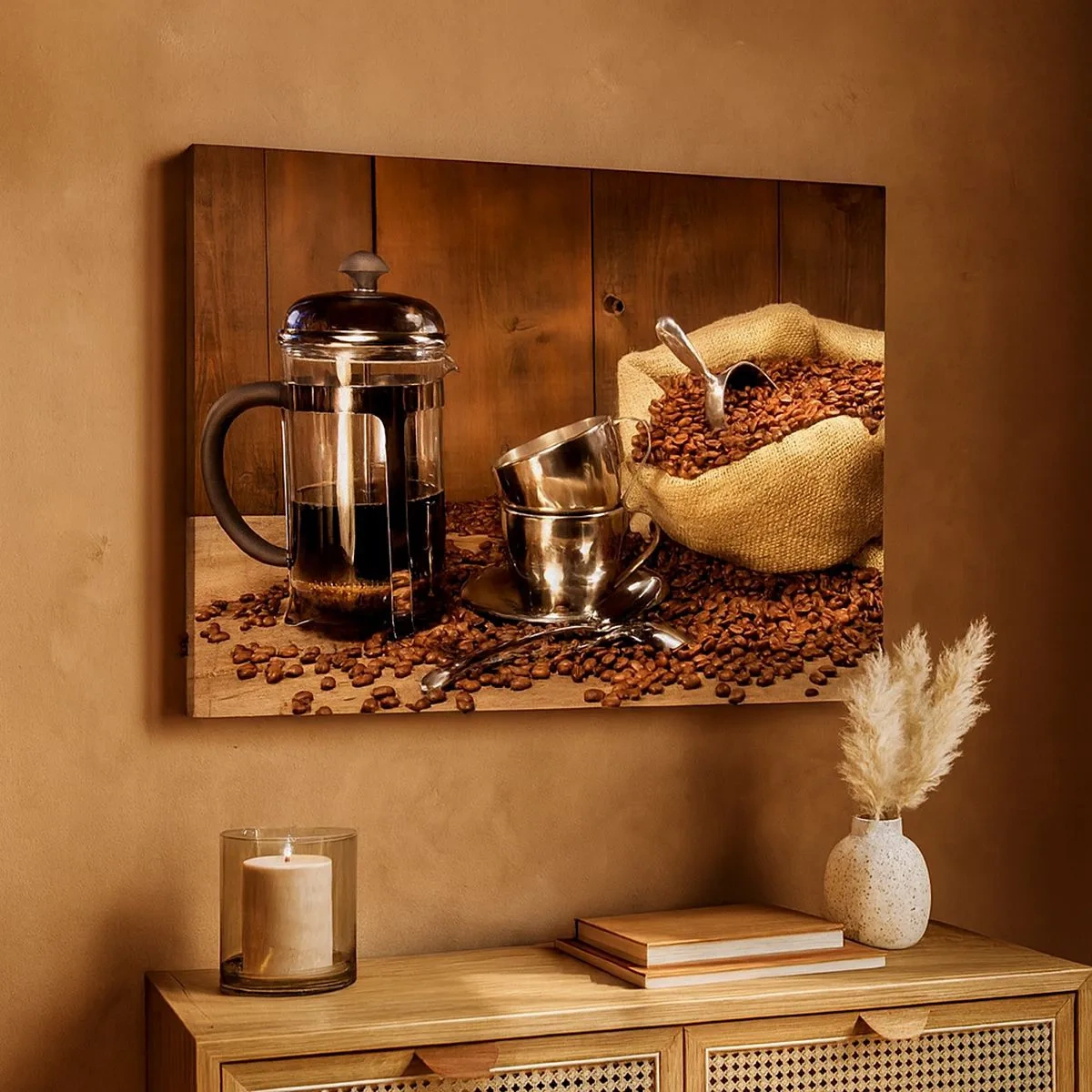 Cuadro sobre lienzo - Impresión de Imagen - Prensa francesa, tazas y una bolsa de café sobre un fondo de madera. - 70x50cm - El embrujo del café: aroma y sabor - Decoración de pared moderna para salón y dormitorio ARTTOR