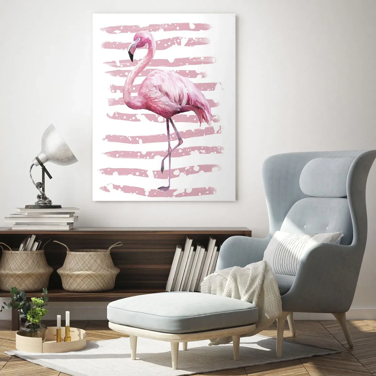 Cuadro sobre vidrio - Impresiones sobre Vidrio - Un flamenco rosa sobre un fondo de artísticas rayas rosas. - 50x70cm - Flamenco veraniego - Decoración de pared moderna para salón y dormitorio ARTTOR