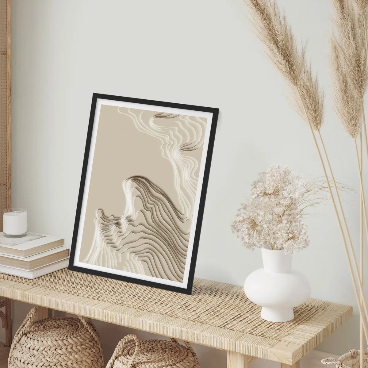 Póster en marco negro - Ondas en capas en tonos beige y marrón. - 50x70cm - Topografía del arte - Decoración de pared moderna para salón y dormitorio ARTTOR