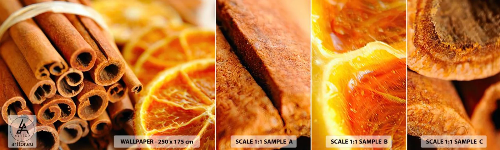 Muestra De Fotomural Standard Eco - ¿Puedes oler su aroma? - Naranja, Canela en rama, Especias - 100x30 cm